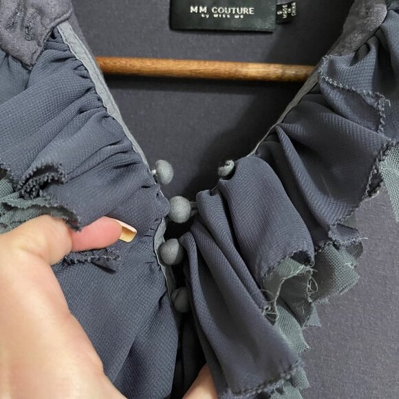 MM Couture By Miss Me Women's Gray Ruffle Button Ruched Long Sleeve Blouse Small - Picture 3 of 8